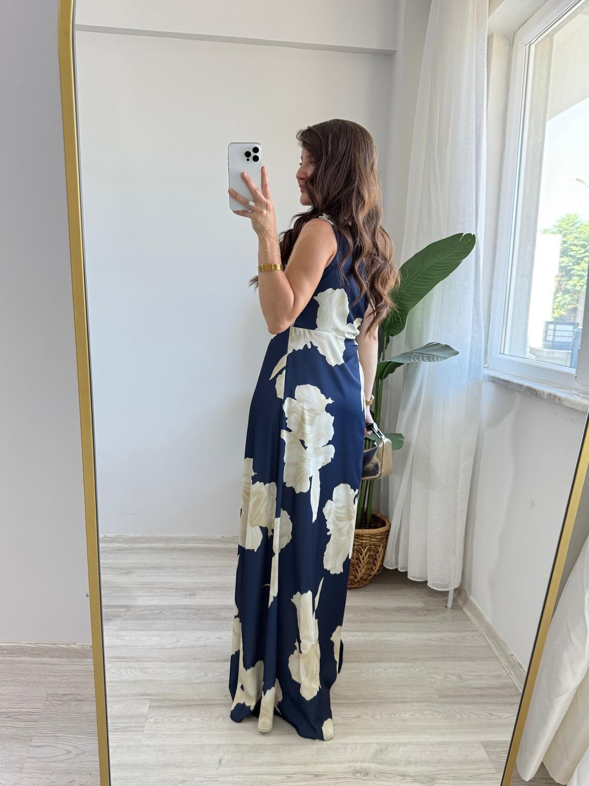 Bej Desenli Bel Dekolteli Tek Omuz Elbise 5956