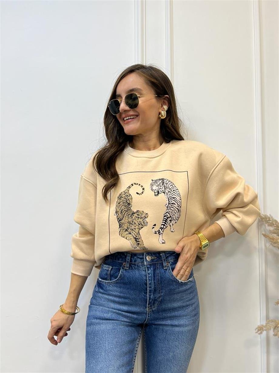 Bej Kaplan Baskılı Bisiklet Yaka Sweatshirt 5110