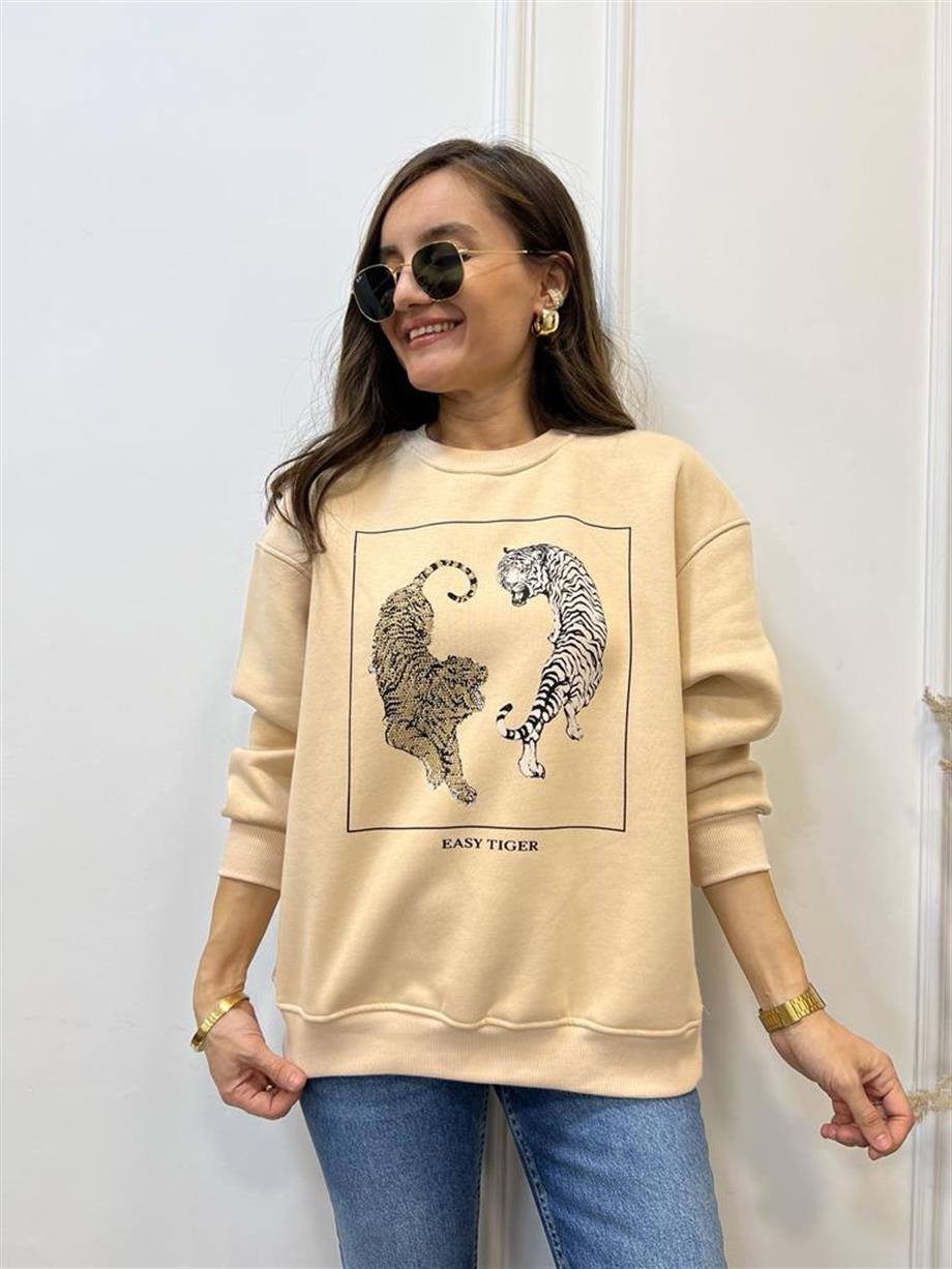 Bej Kaplan Baskılı Bisiklet Yaka Sweatshirt 5110