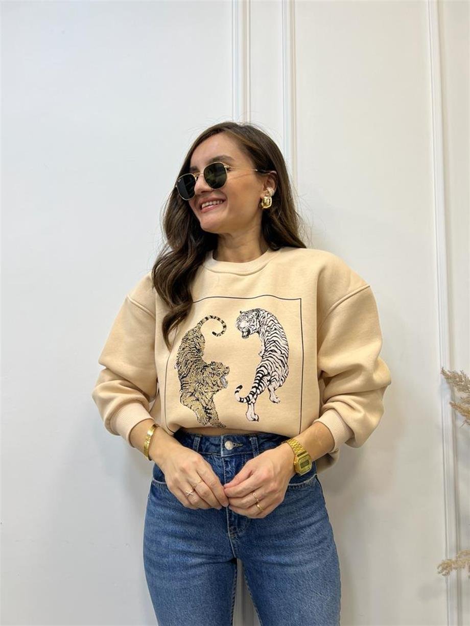 Bej Kaplan Baskılı Bisiklet Yaka Sweatshirt 5110