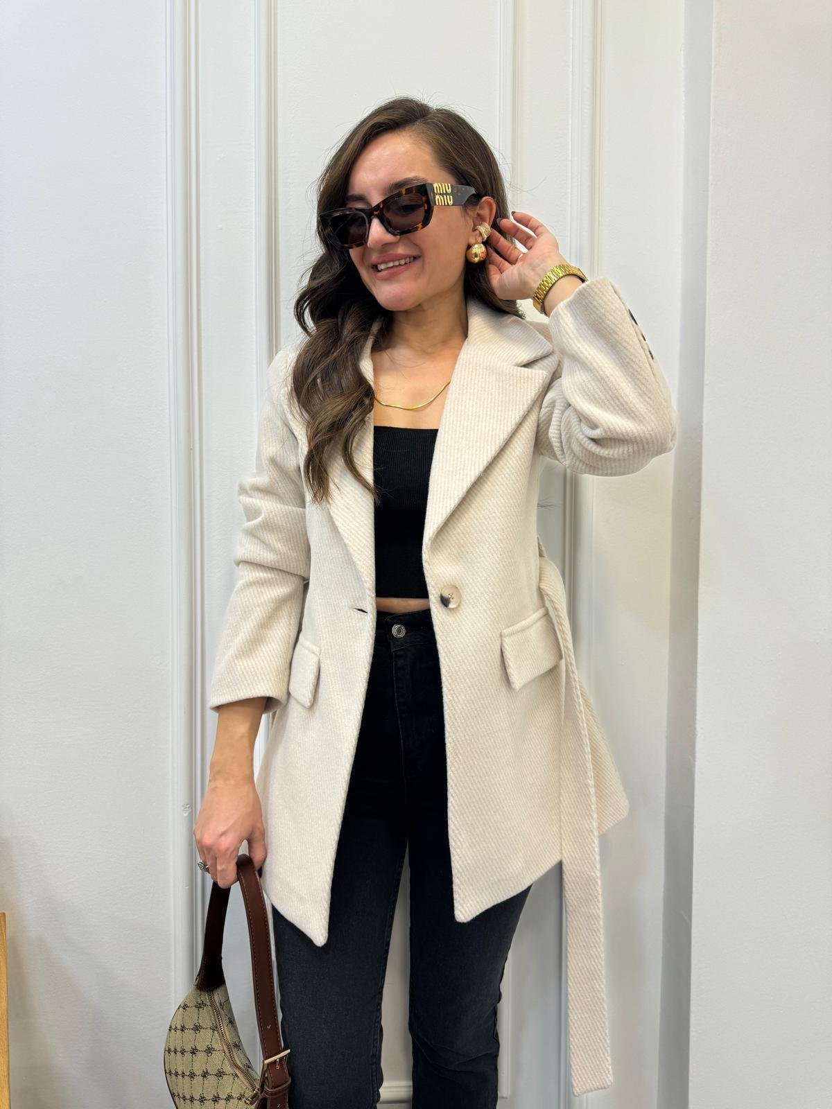 Bej Kendinden Desenli Kaşe Kuşaklı Blazer Ceket 2046