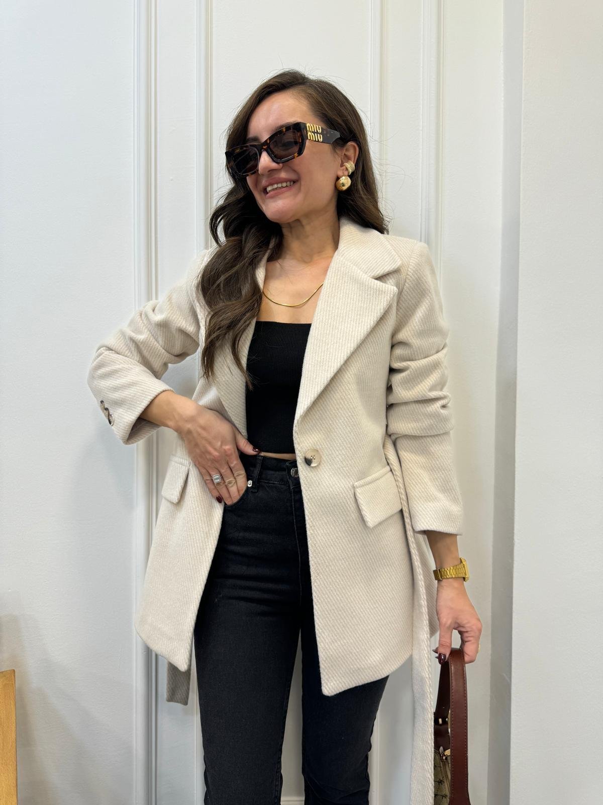 Bej Kendinden Desenli Kaşe Kuşaklı Blazer Ceket 2046