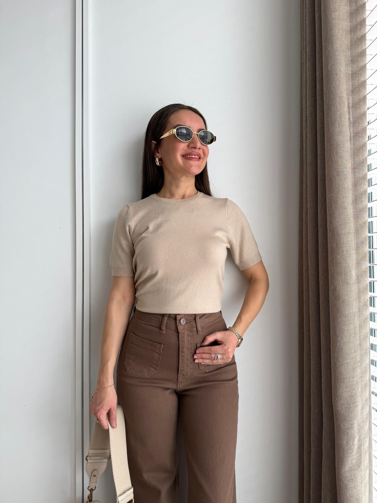 Bej Kısa Kollu Basic Triko Bluz 10779