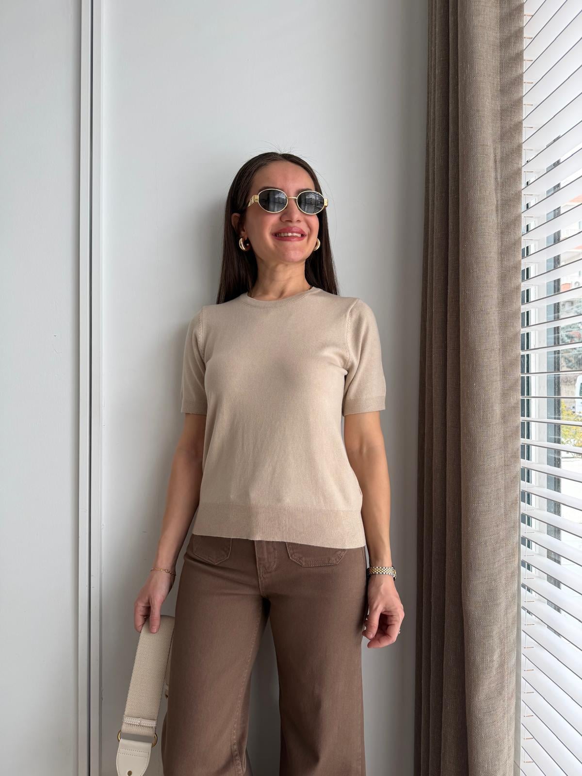 Bej Kısa Kollu Basic Triko Bluz 10779