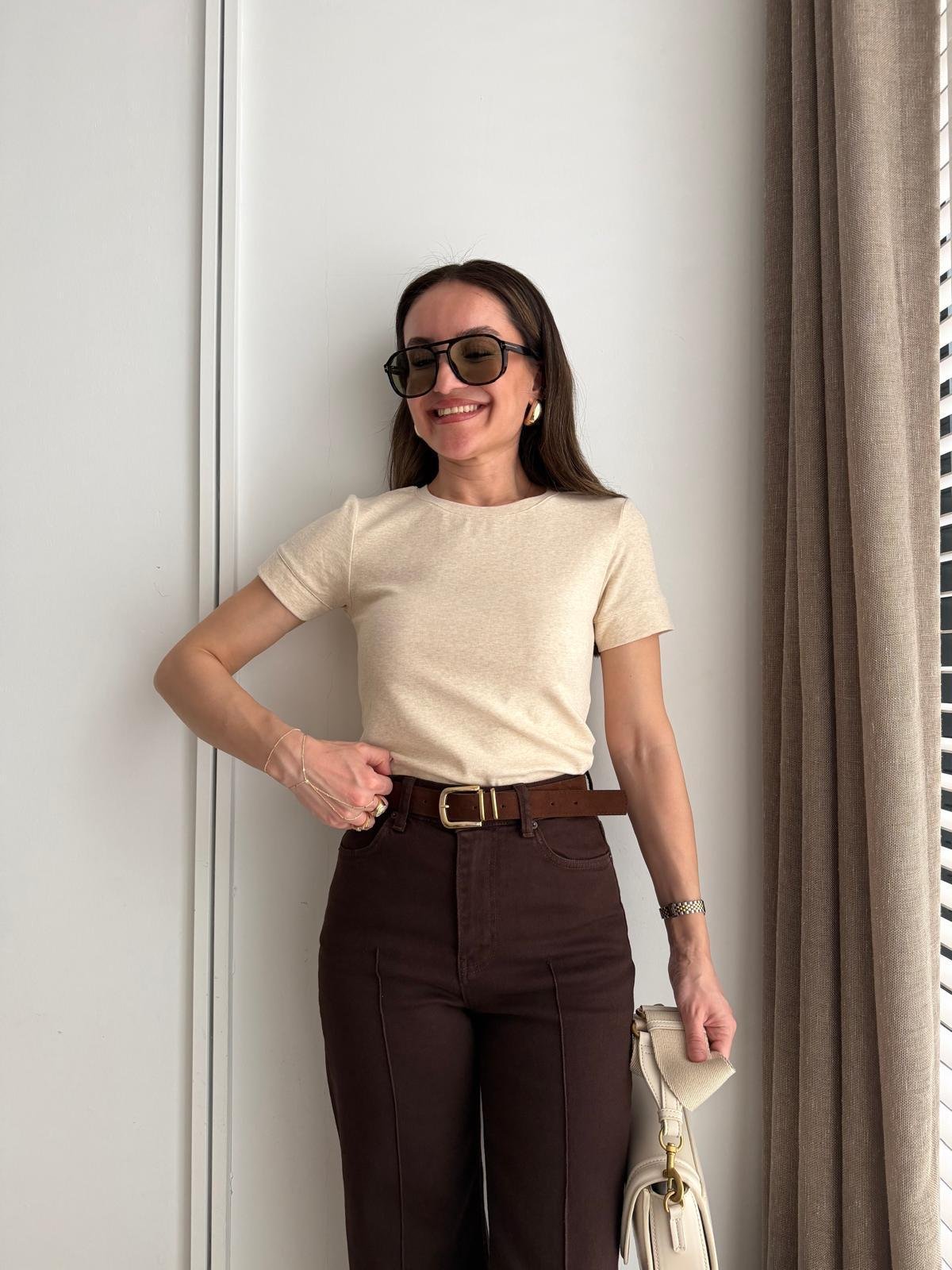 Bej Kısa Kolu Basic Tshirt 32637