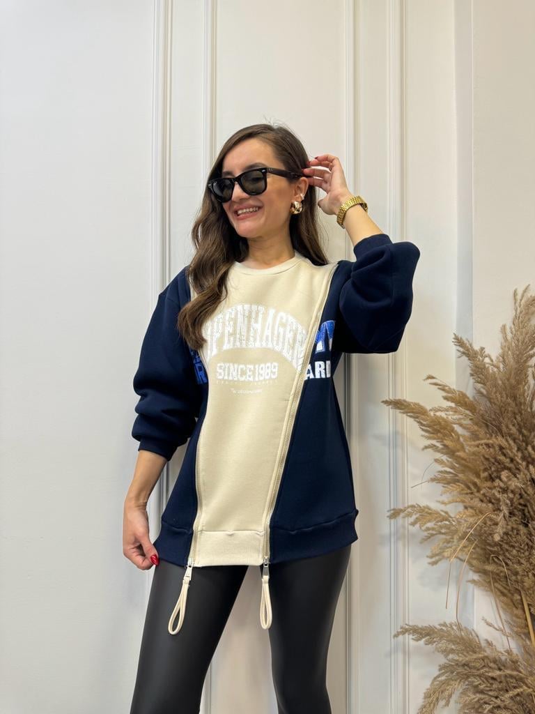 Bej Lacivert Çift Fermuar Detaylı Sweatshirt 5071