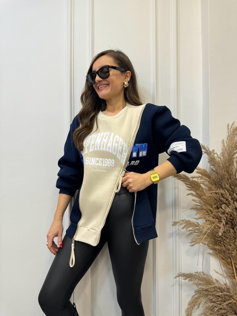 Bej Lacivert Çift Fermuar Detaylı Sweatshirt 5071