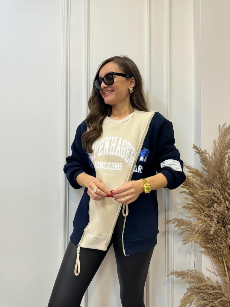 Bej Lacivert Çift Fermuar Detaylı Sweatshirt 5071