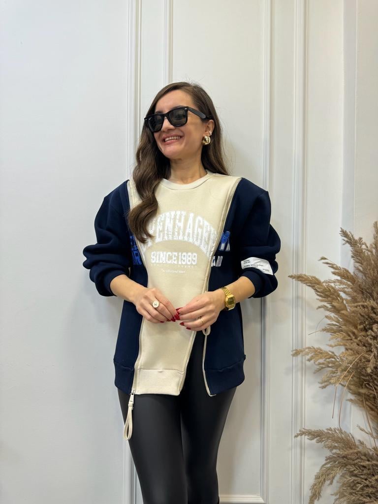 Bej Lacivert Çift Fermuar Detaylı Sweatshirt 5071