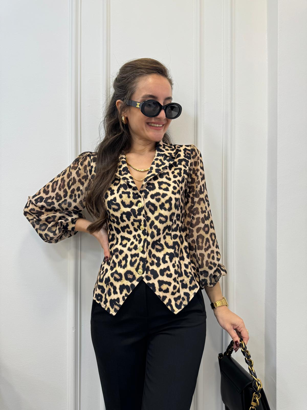 Bej Leopar Desen Kolları Şifon Önü Düğmeli Bluz 2771