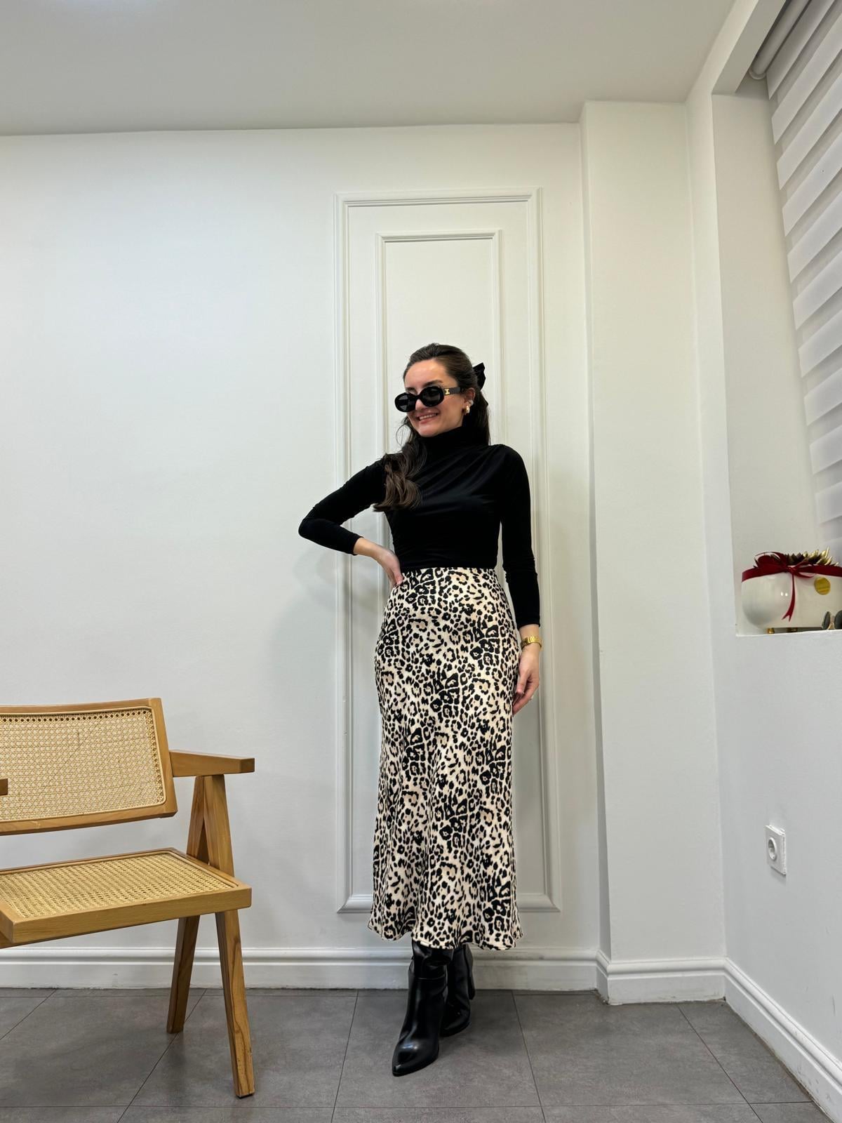 Bej Leopar Desen Saten Etek 6550