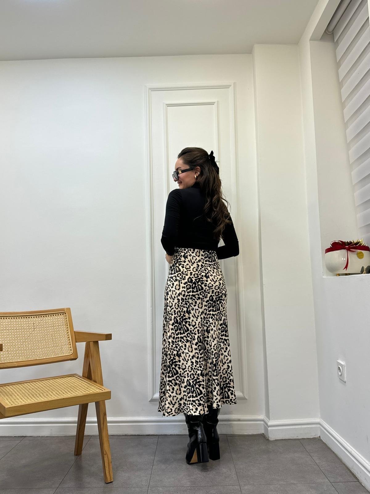 Bej Leopar Desen Saten Etek 6550