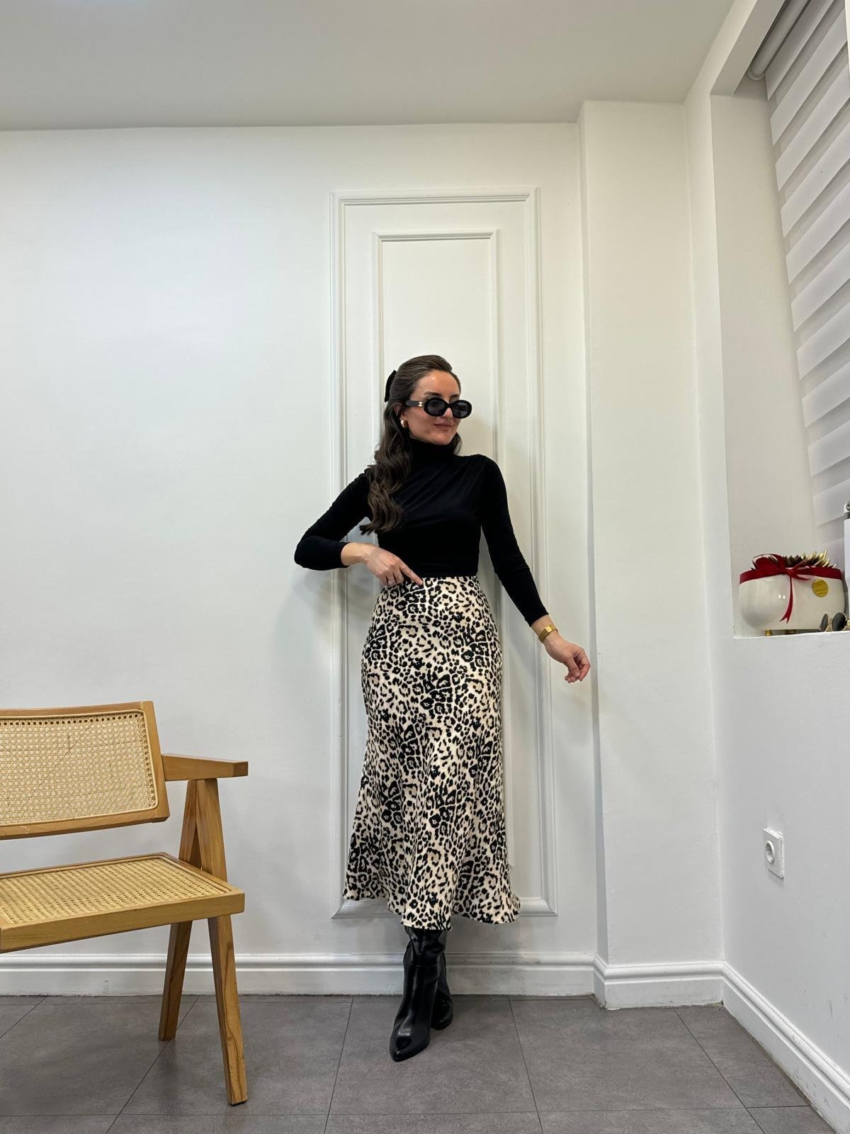 Bej Leopar Desen Saten Etek 6550