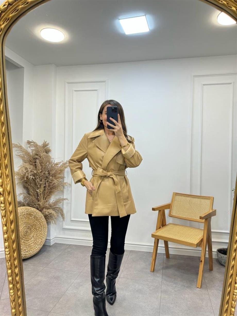 Bej Marka Premium Seri Suni Deri Kuşaklı Trençkot 9320