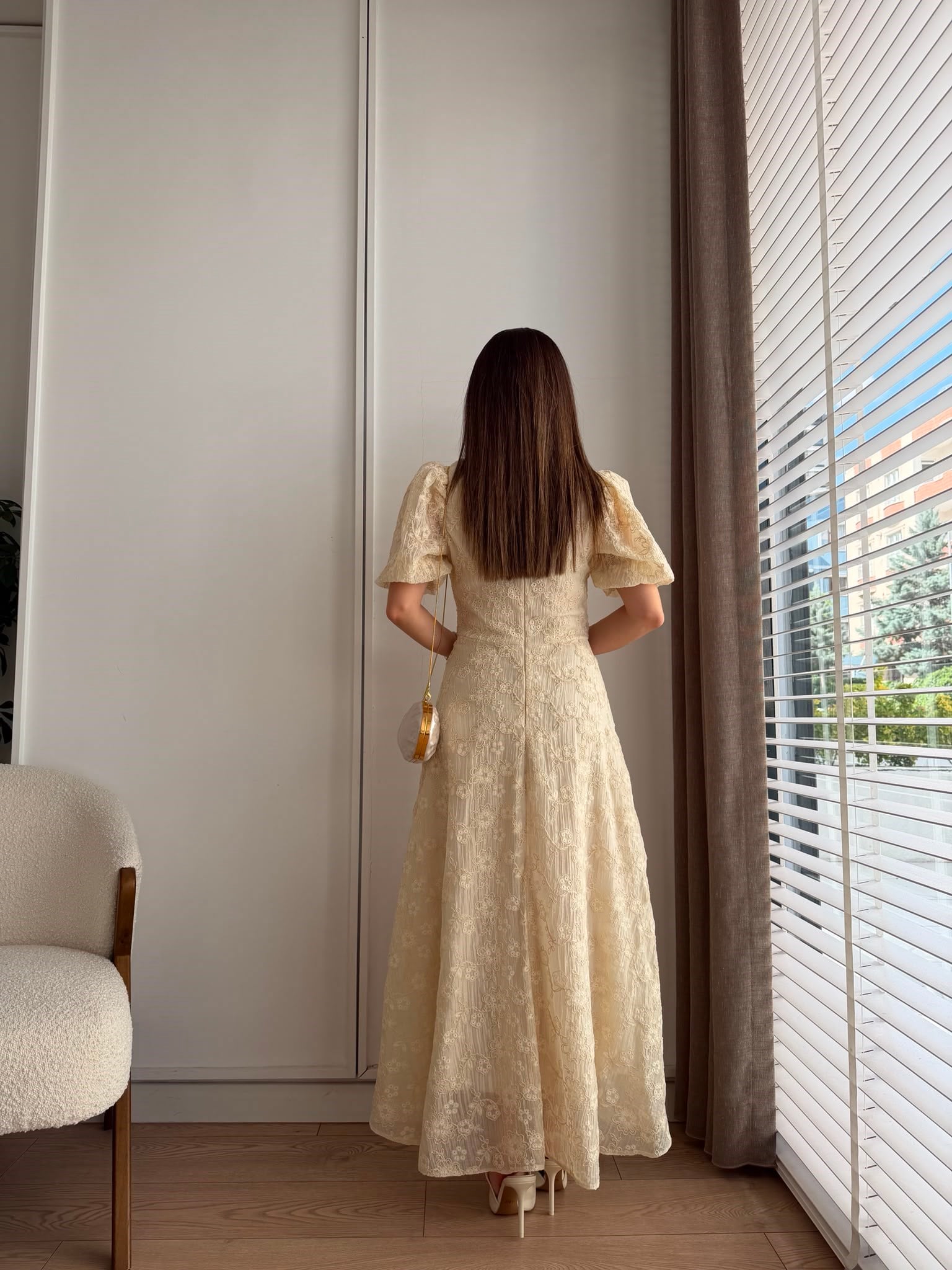 Bej Nakış Detaylı Maxi Boy Elbise 0923