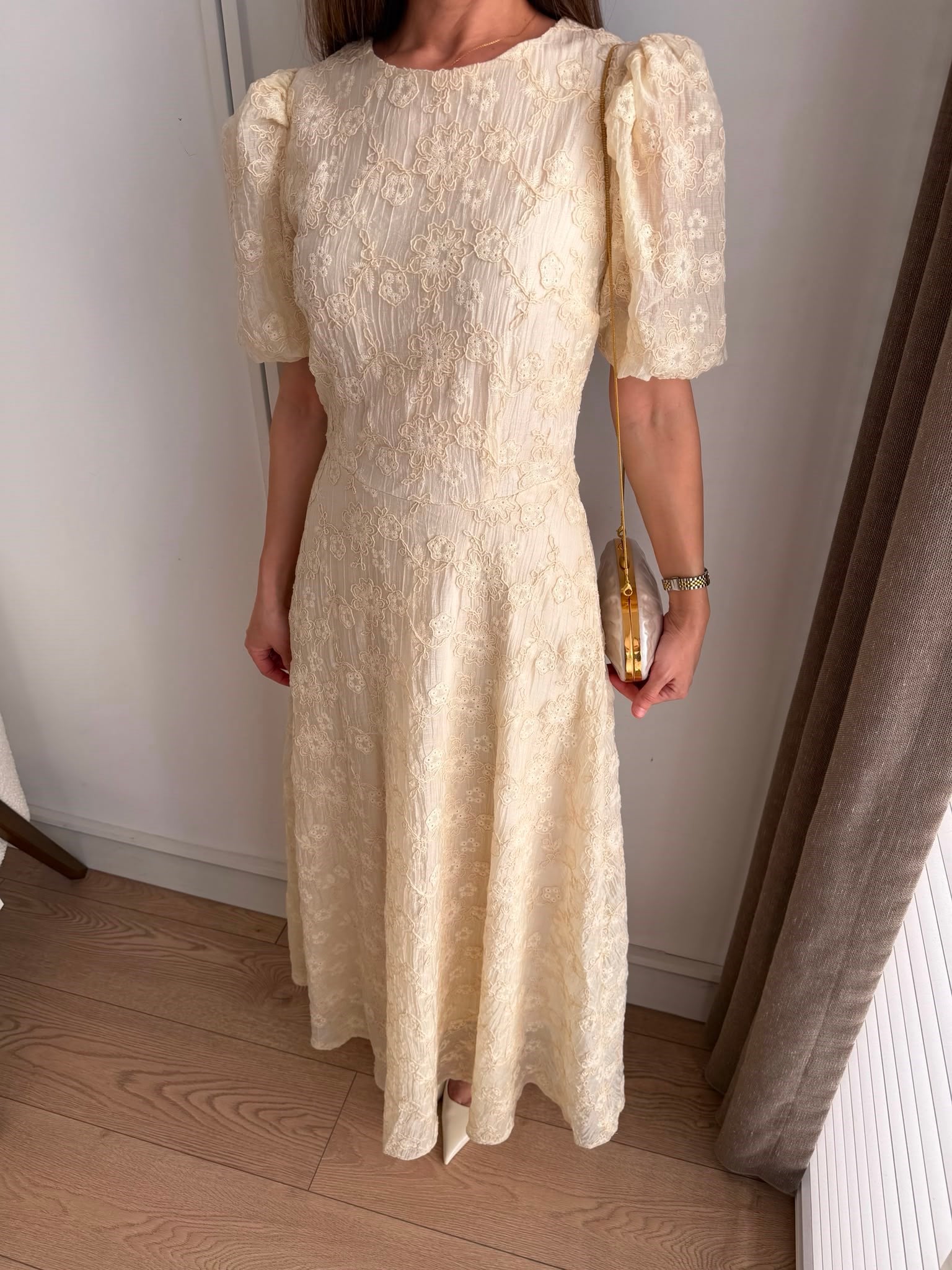 Bej Nakış Detaylı Maxi Boy Elbise 0923