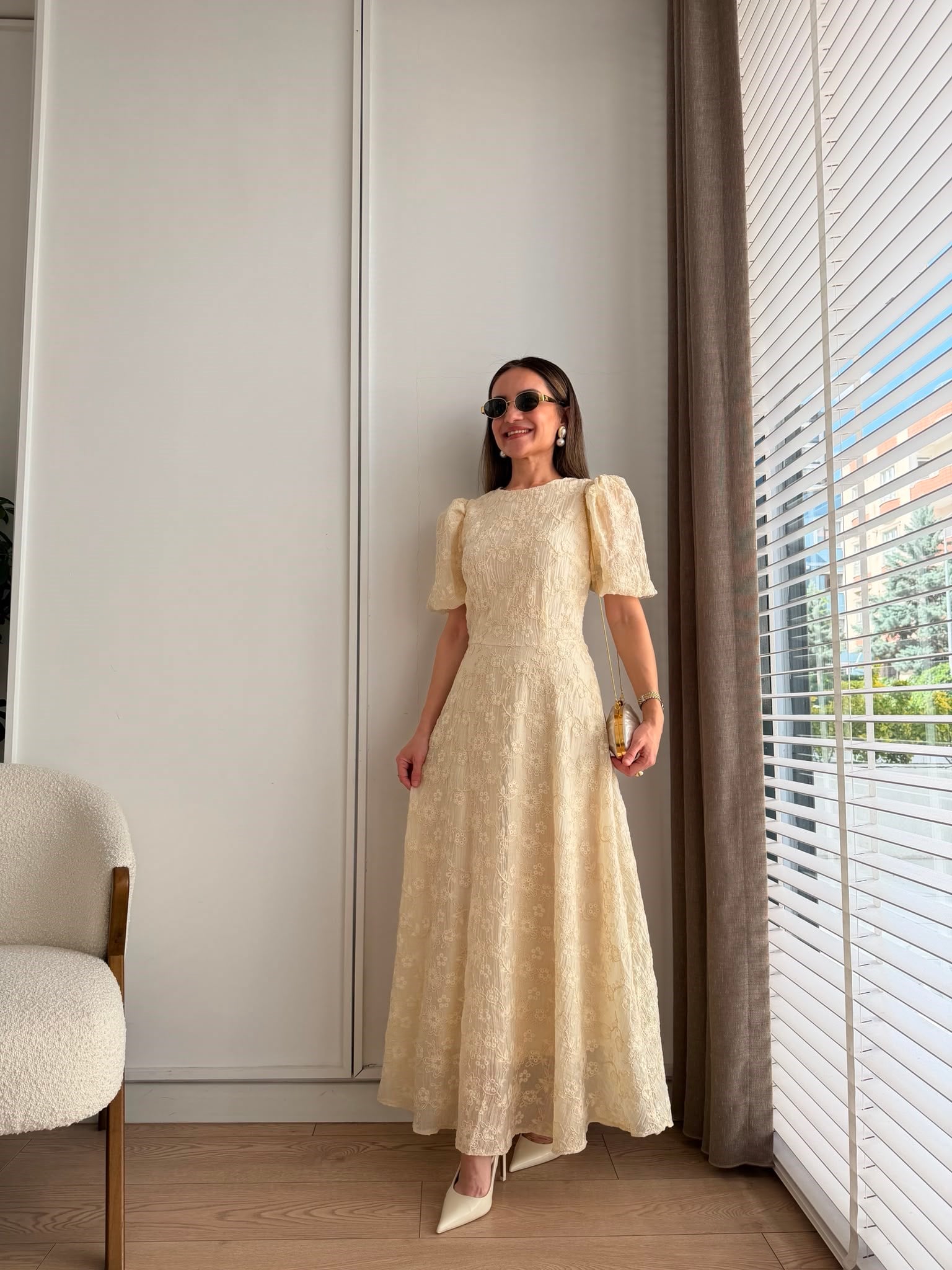 Bej Nakış Detaylı Maxi Boy Elbise 0923