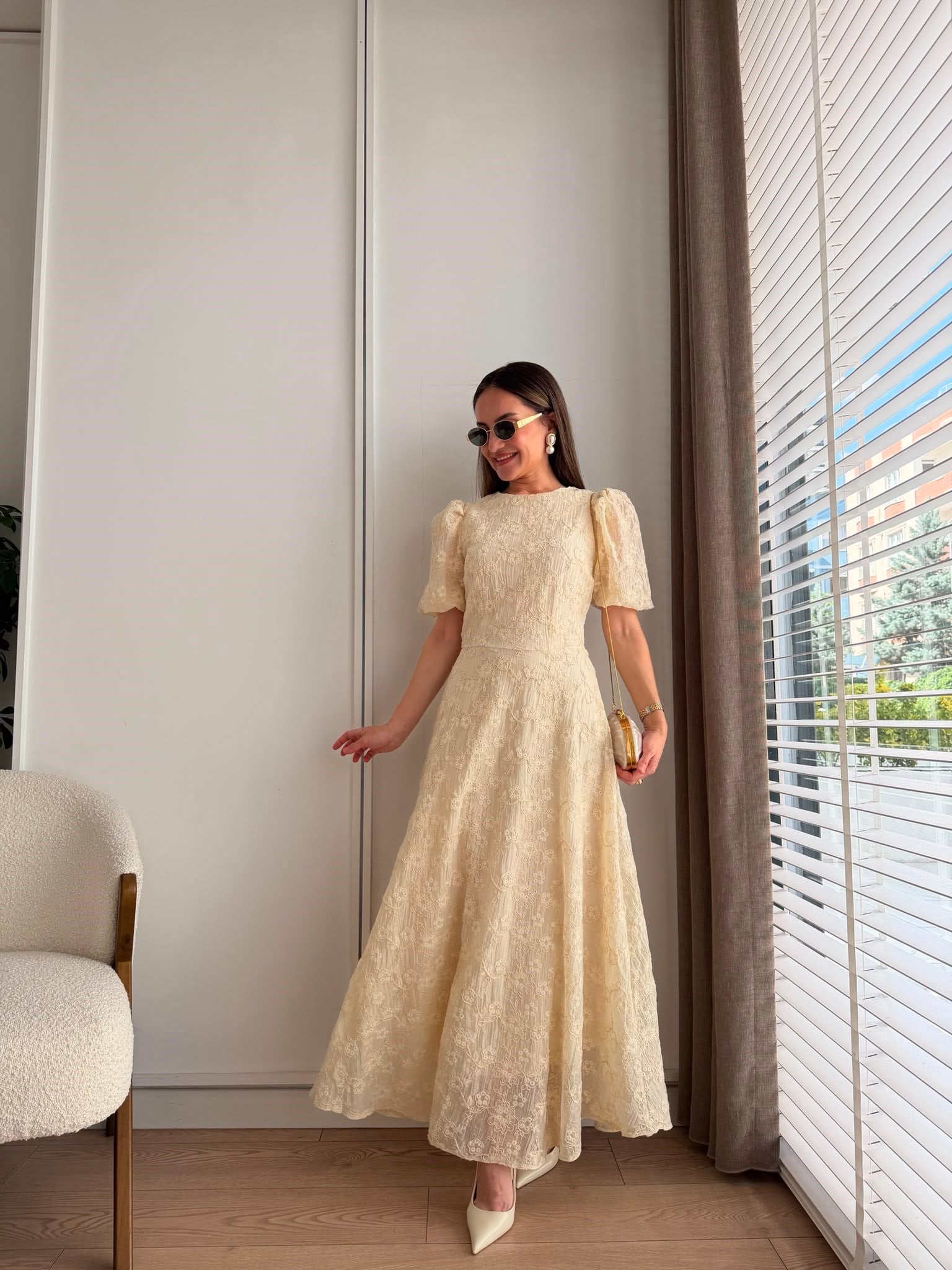 Bej Nakış Detaylı Maxi Boy Elbise 0923