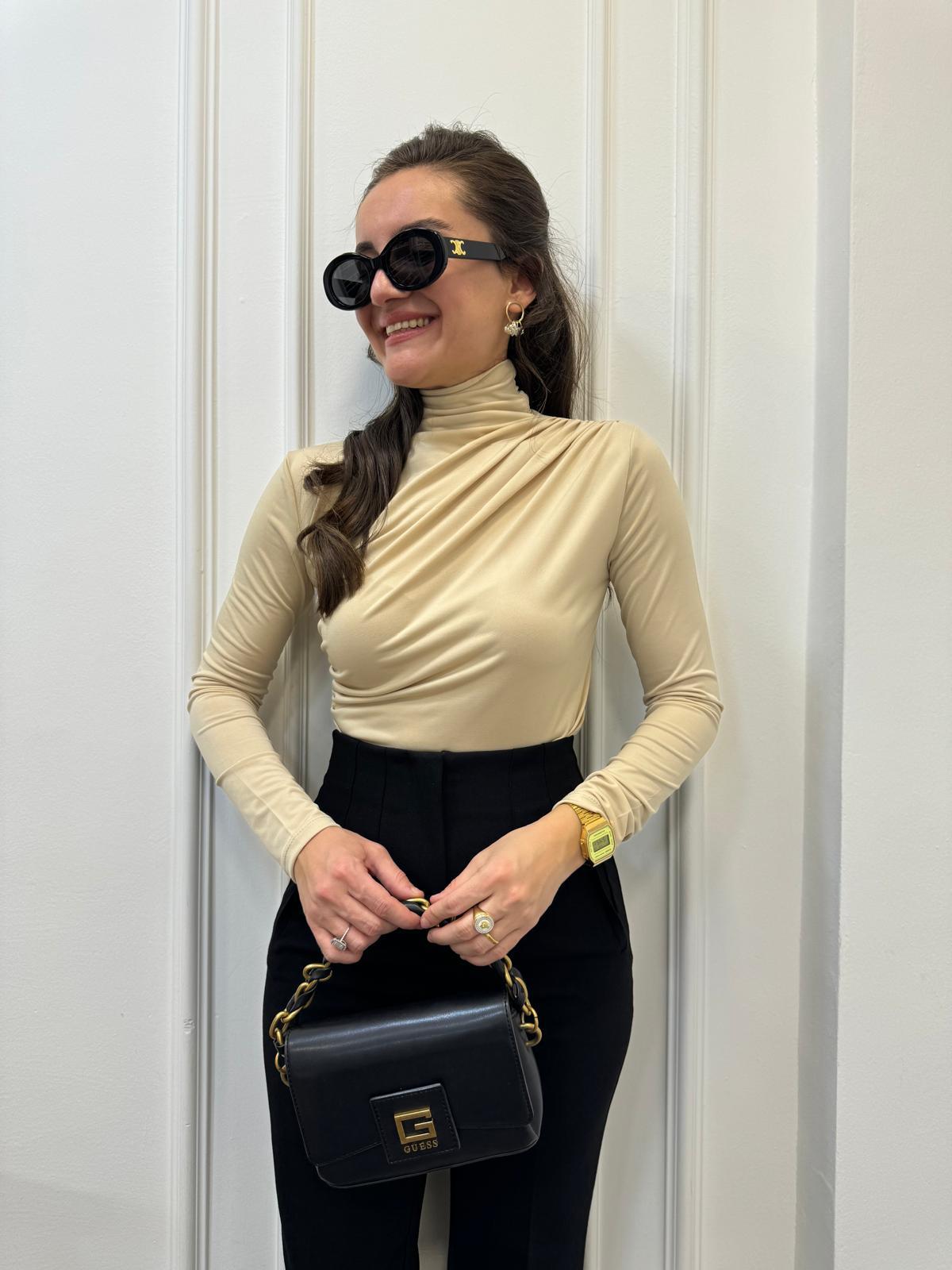 Bej Omuz Drape Detaylı Tasarım Bluz 7043