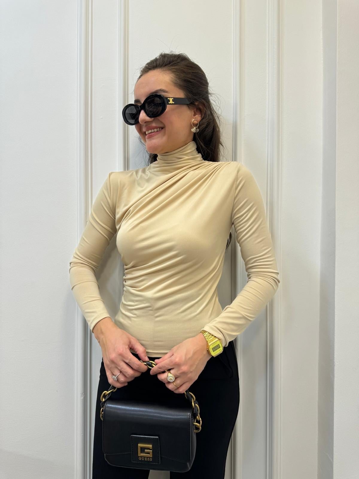 Bej Omuz Drape Detaylı Tasarım Bluz 7043
