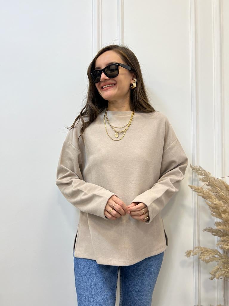Bej Orijinal Marka Bisiklet Yaka Sweatshirt 2639