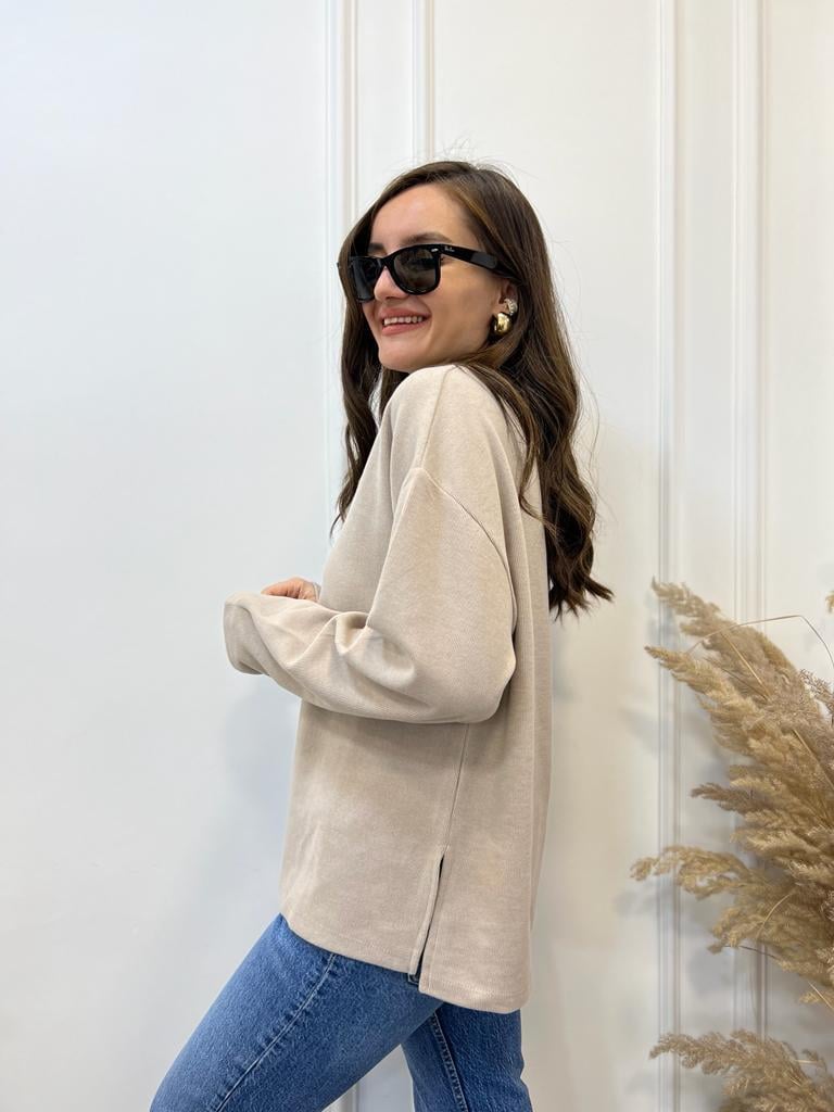 Bej Orijinal Marka Bisiklet Yaka Sweatshirt 2639