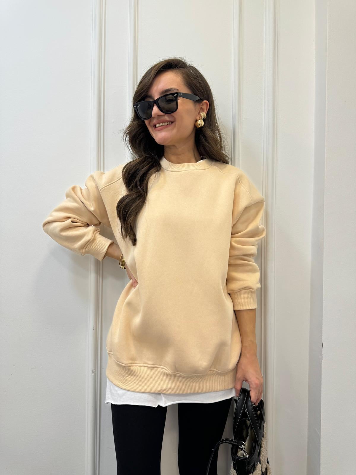 Bej Oversize Bisiklet Yaka Sweatshırt 7912