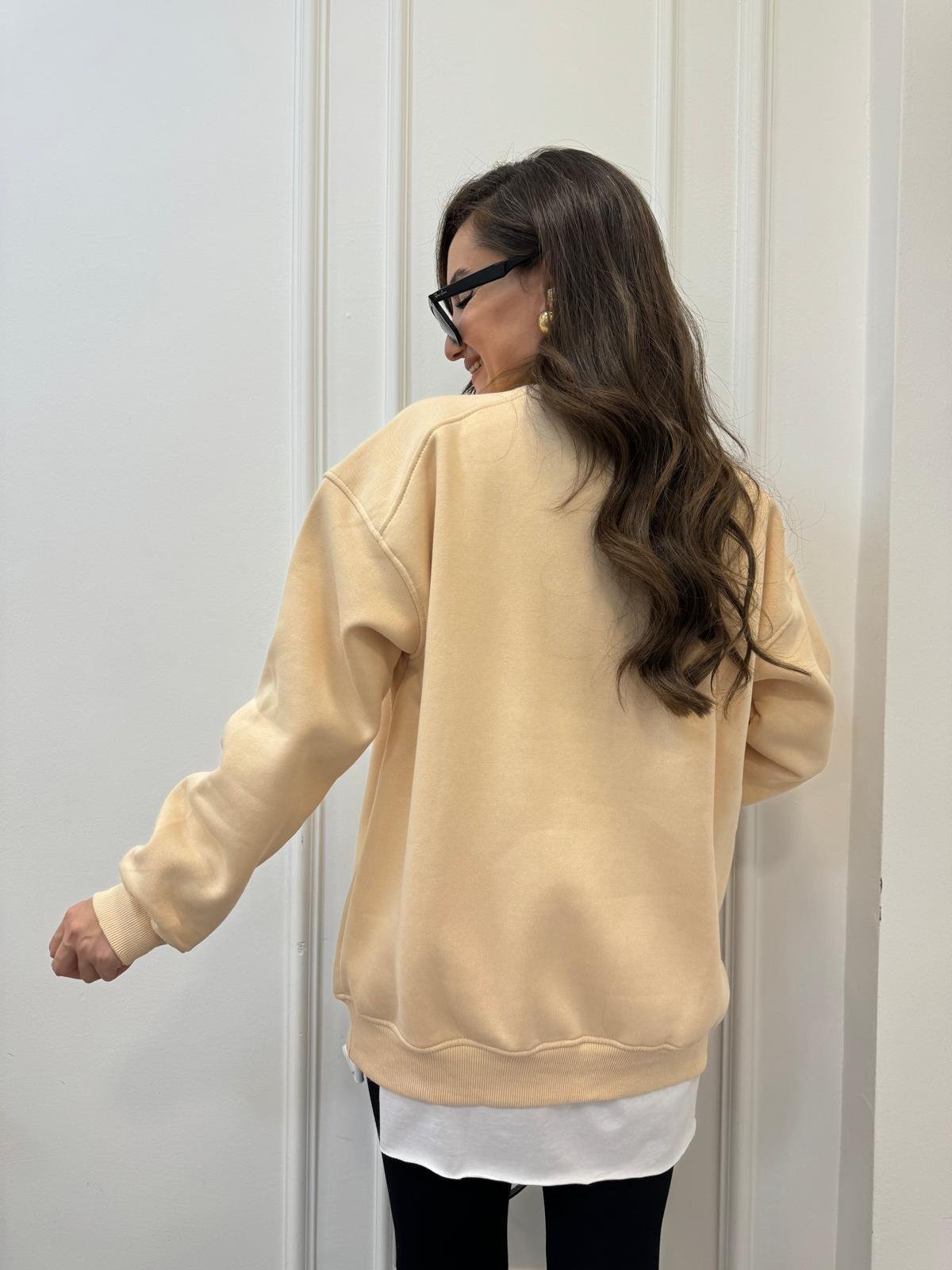 Bej Oversize Bisiklet Yaka Sweatshırt 7912