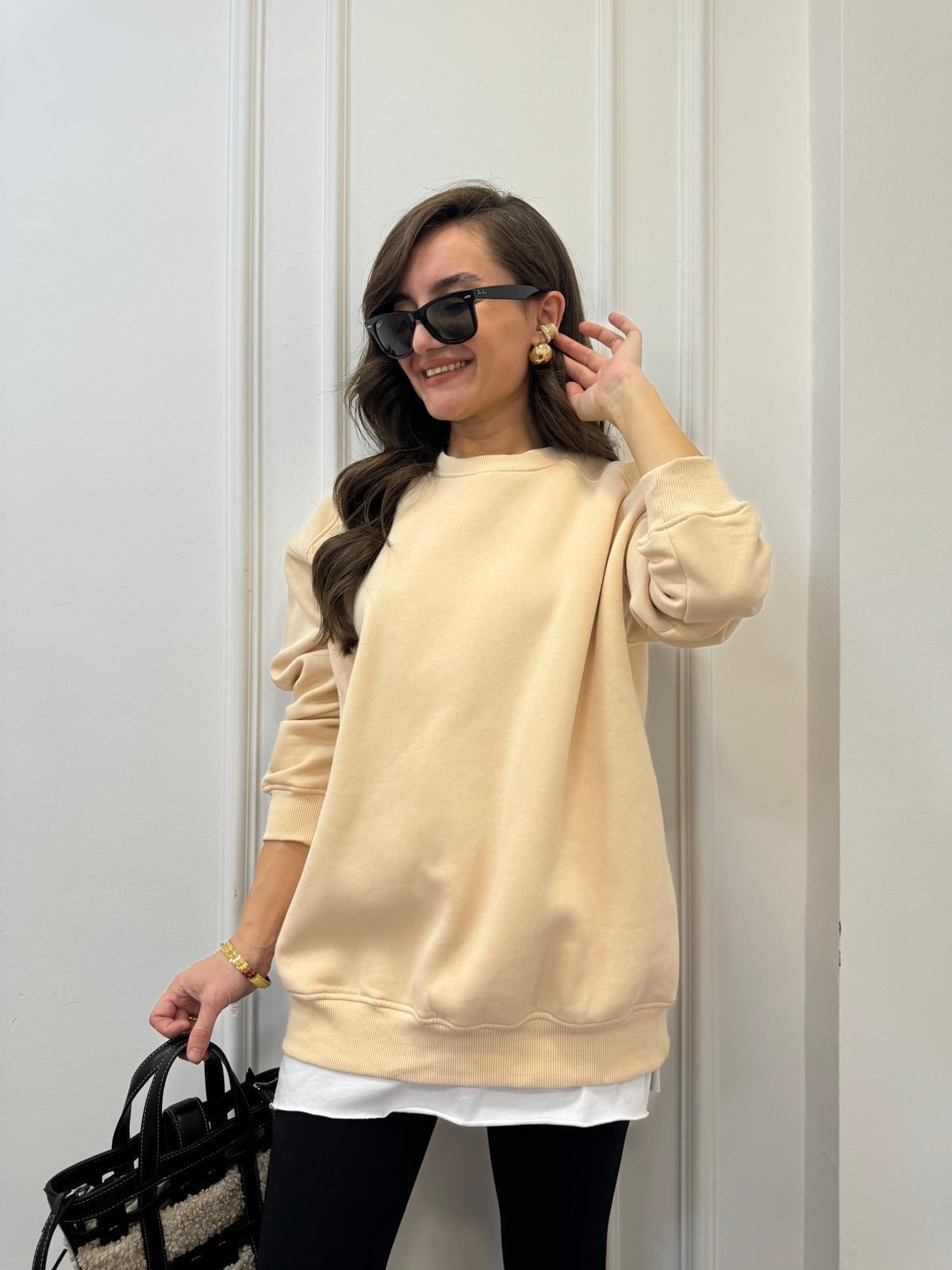 Bej Oversize Bisiklet Yaka Sweatshırt 7912