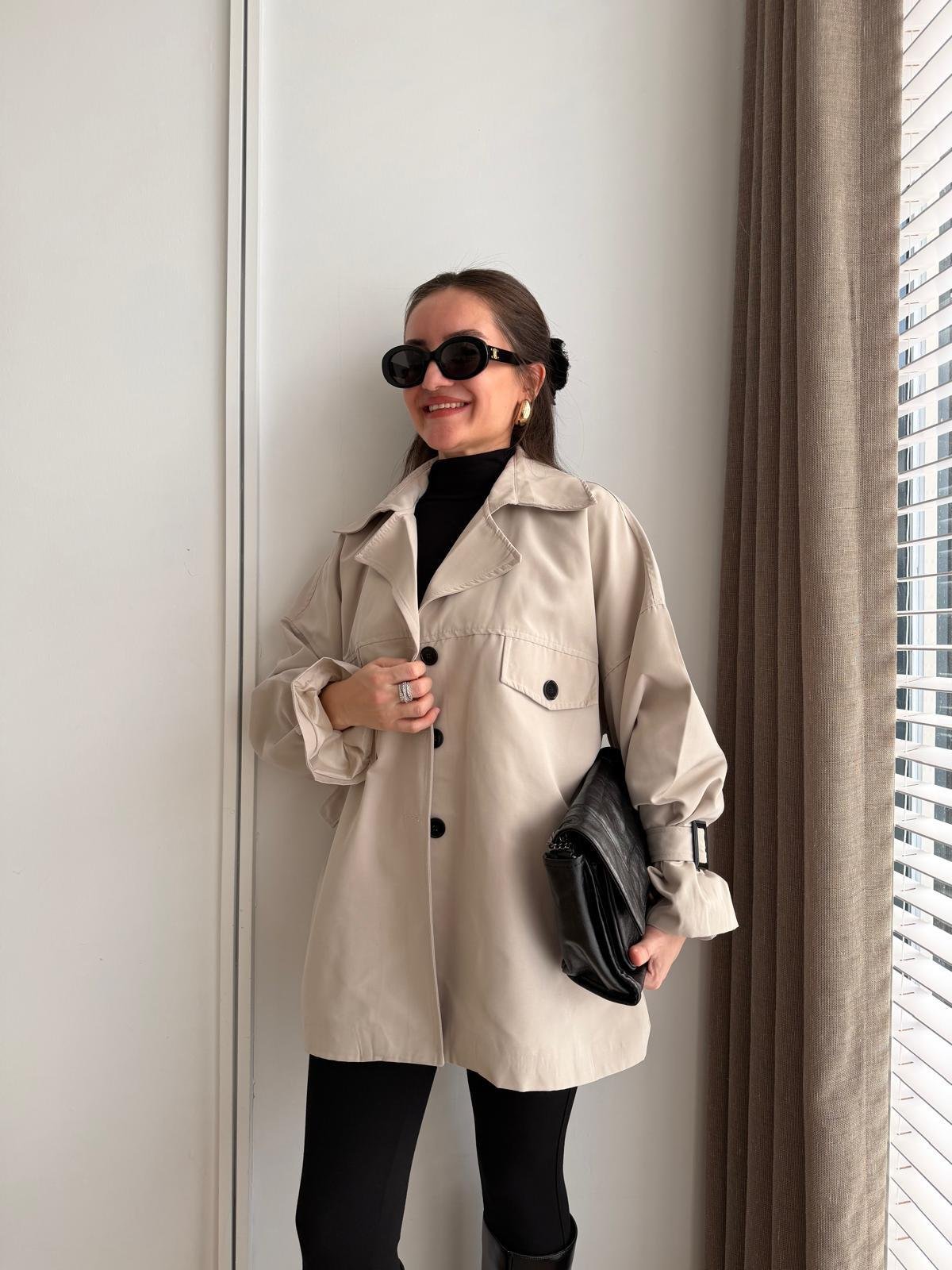Bej Oversize Kol Kemerli Trençkot T01