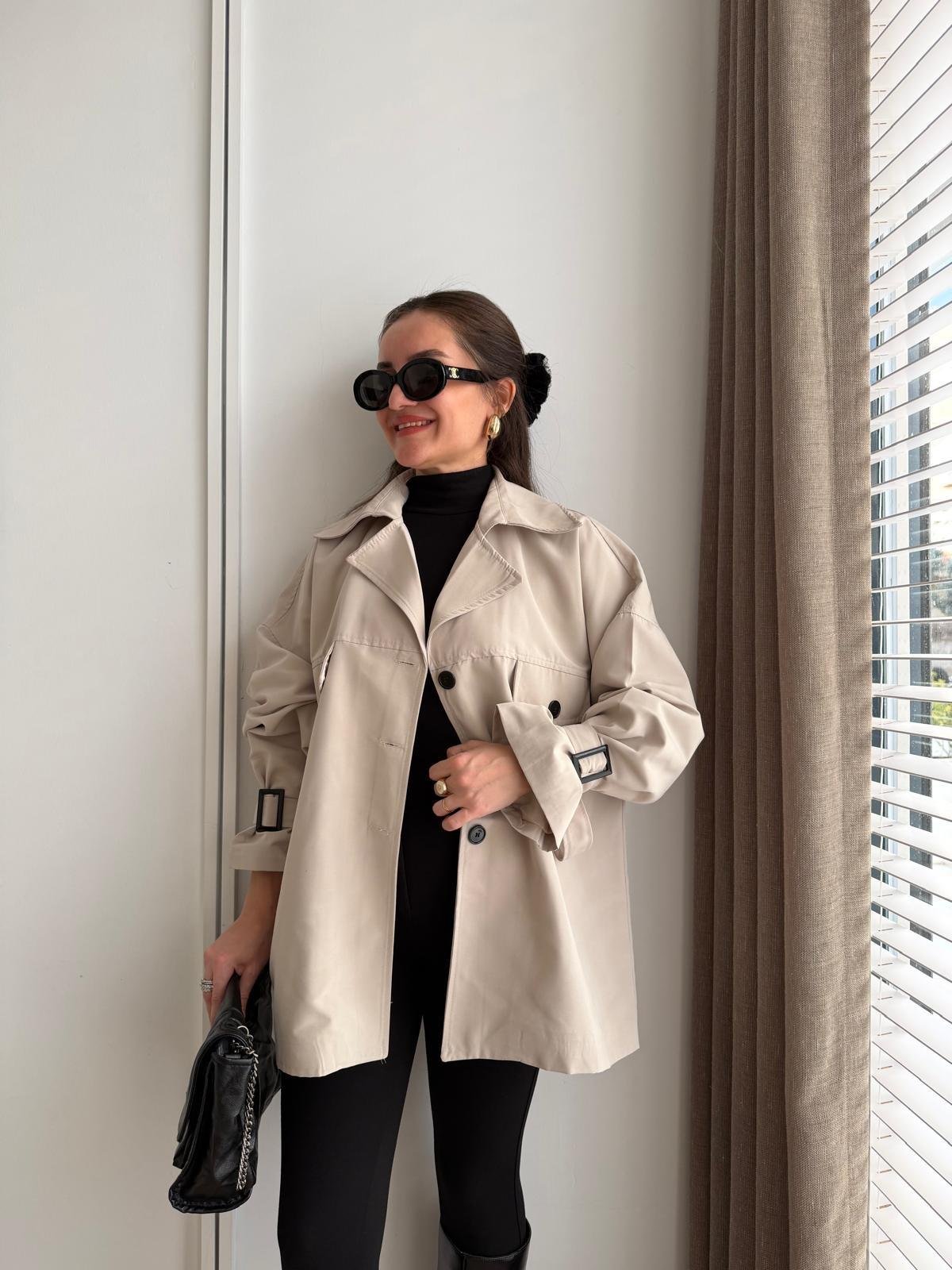 Bej Oversize Kol Kemerli Trençkot T01