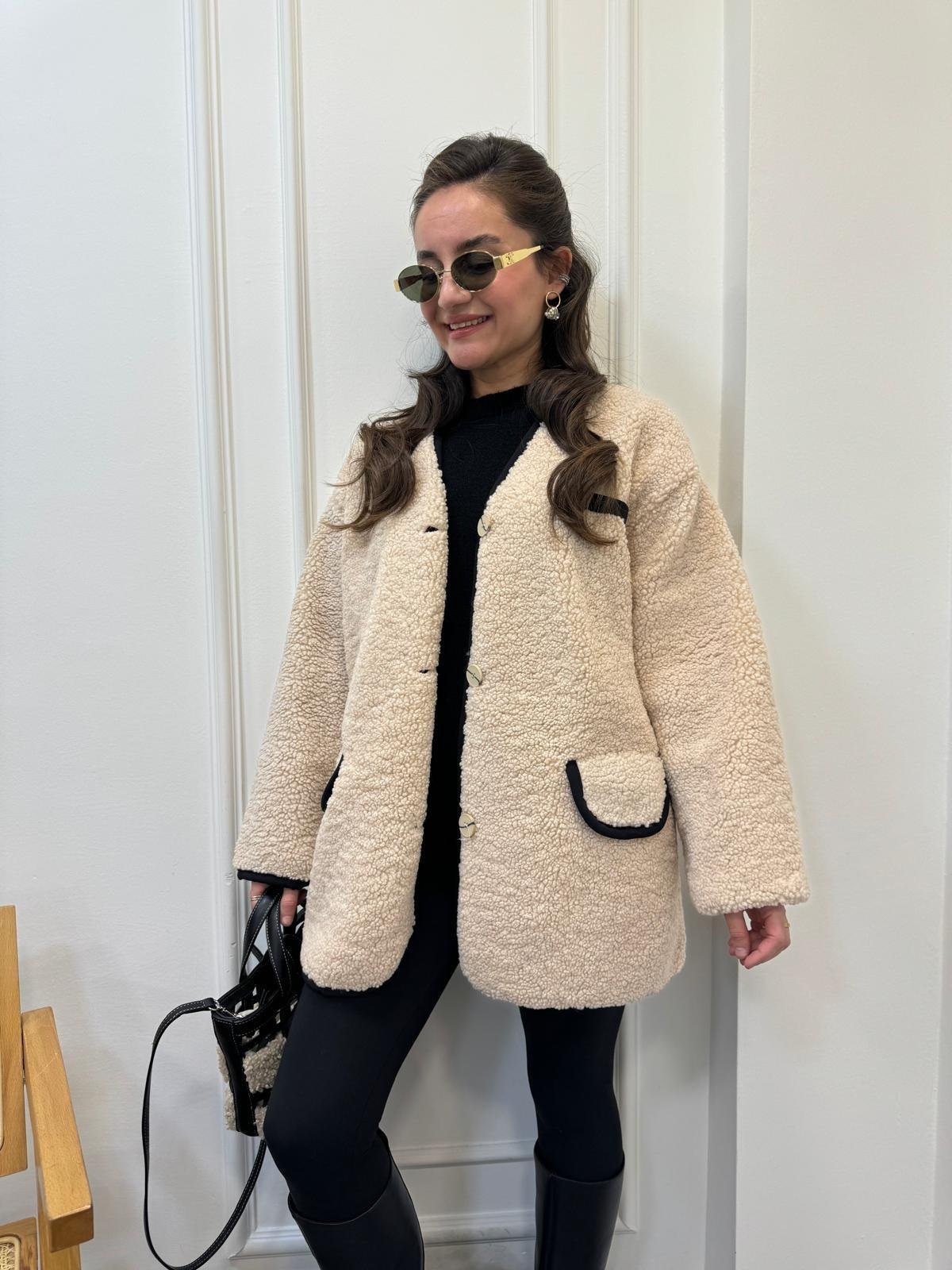 Bej Premıum Seri Cepli Biyeli Teddy Mont 7397