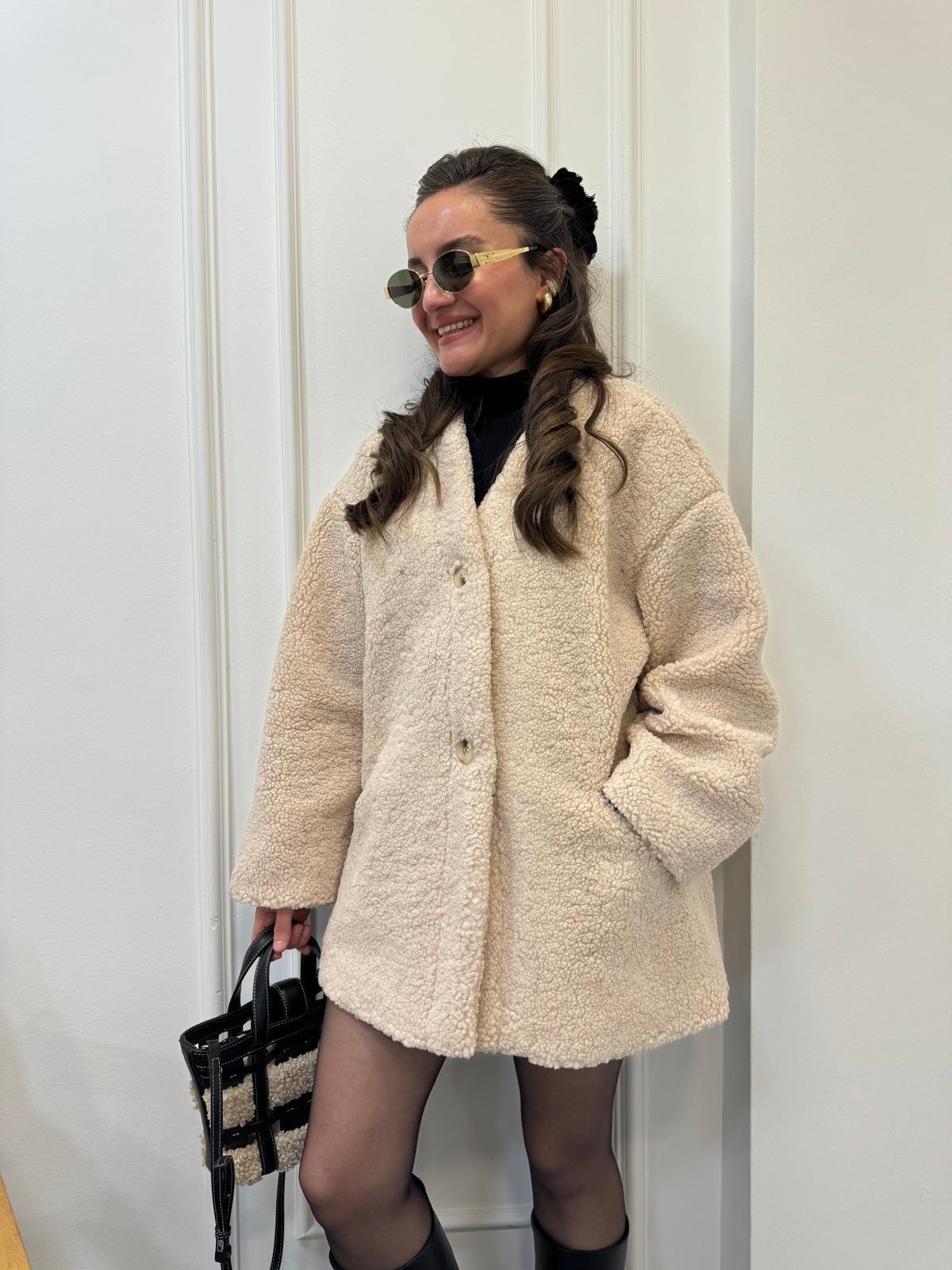 Bej Premium Seri V Yaka Astarlı Cepli Teddy Kaban 7398
