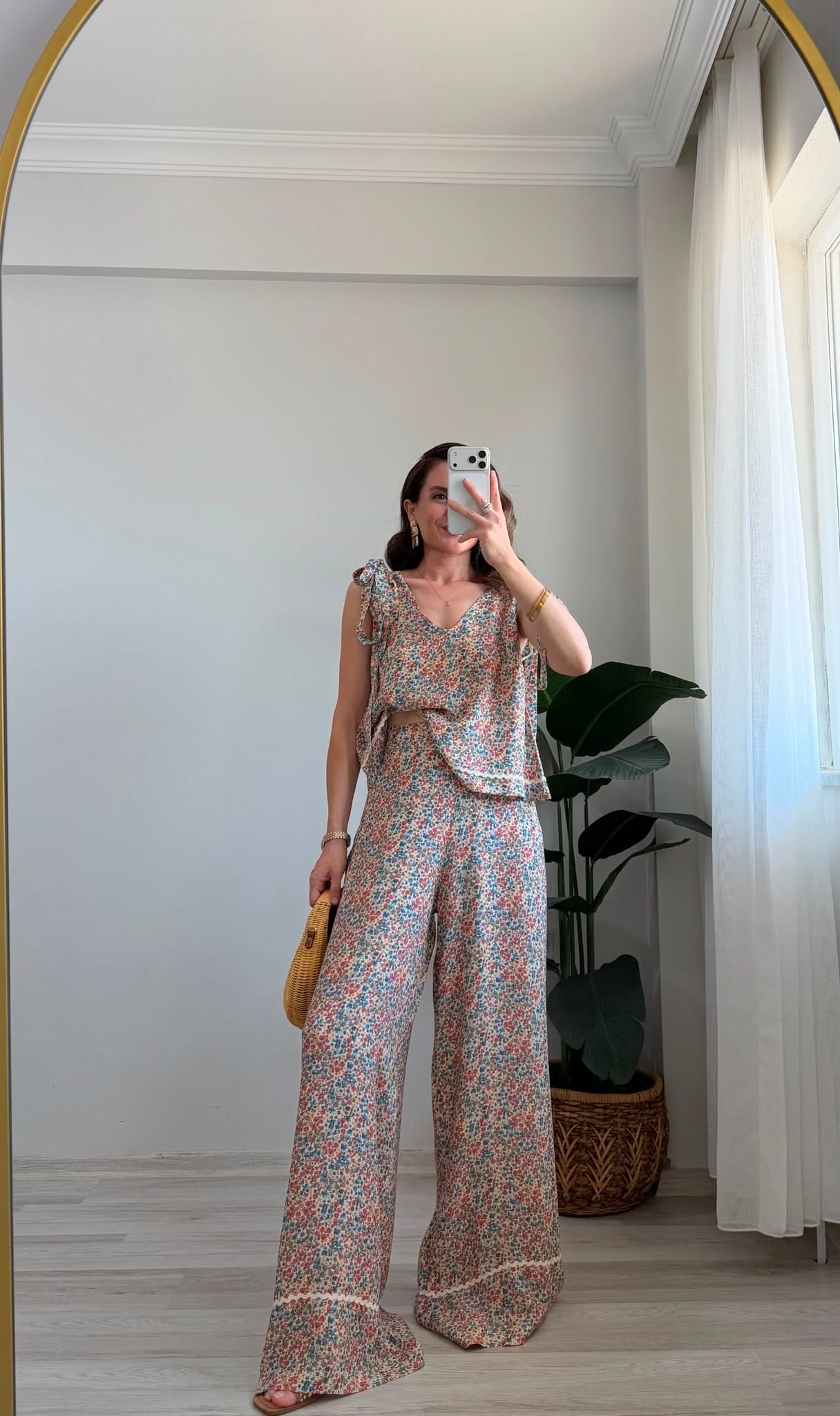Bej Şal Desenli Bluz Pantolon Takım 03051