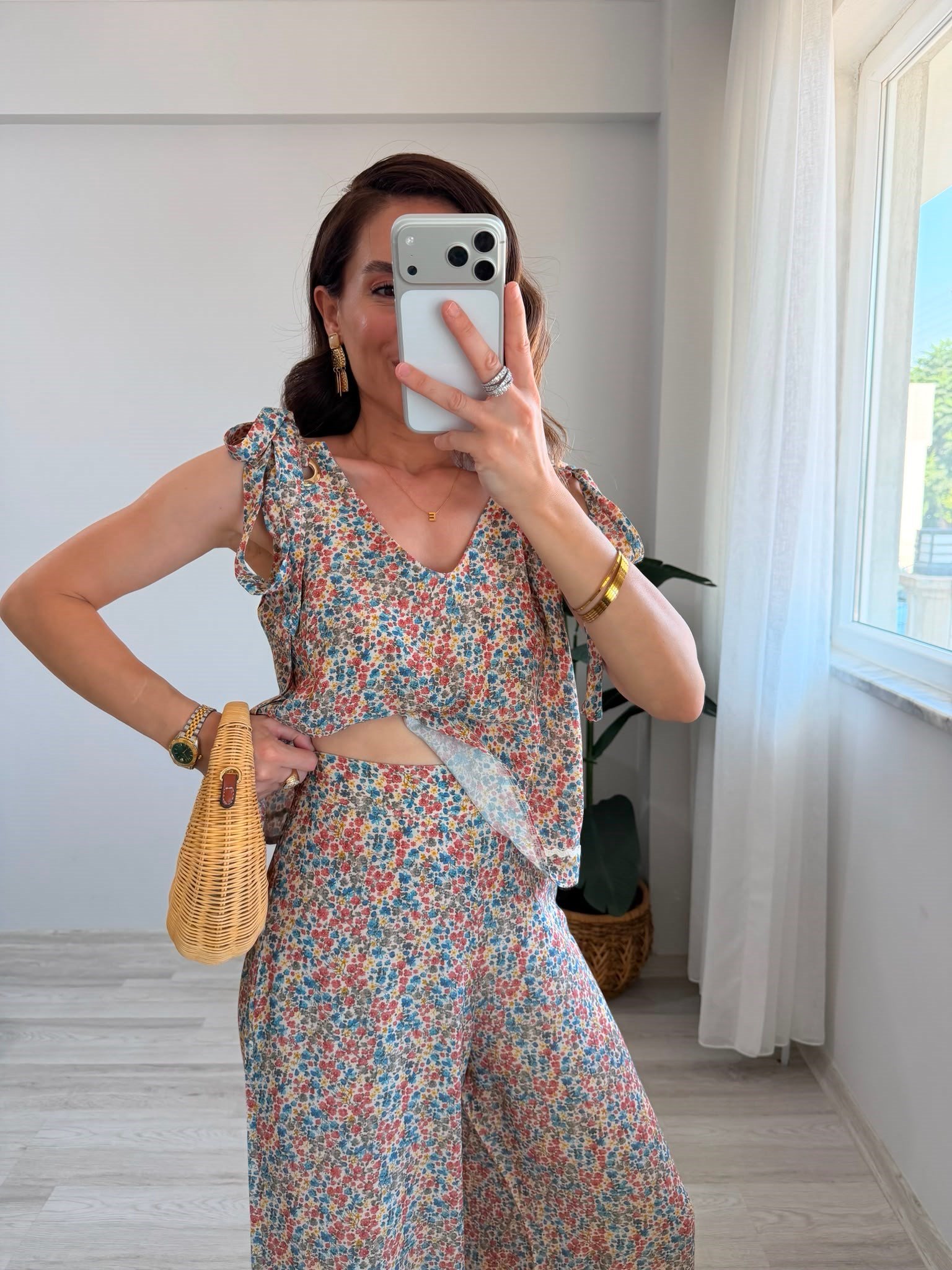 Bej Şal Desenli Bluz Pantolon Takım 03051