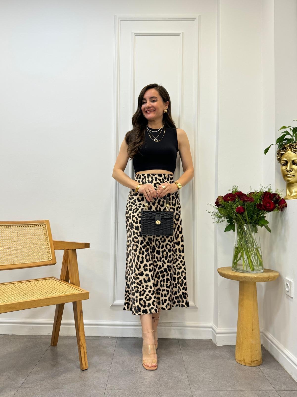 Bej Siyah Leopar Saten Etek 6306