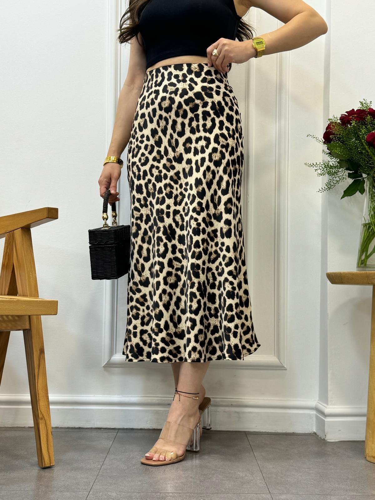 Bej Siyah Leopar Saten Etek 6306
