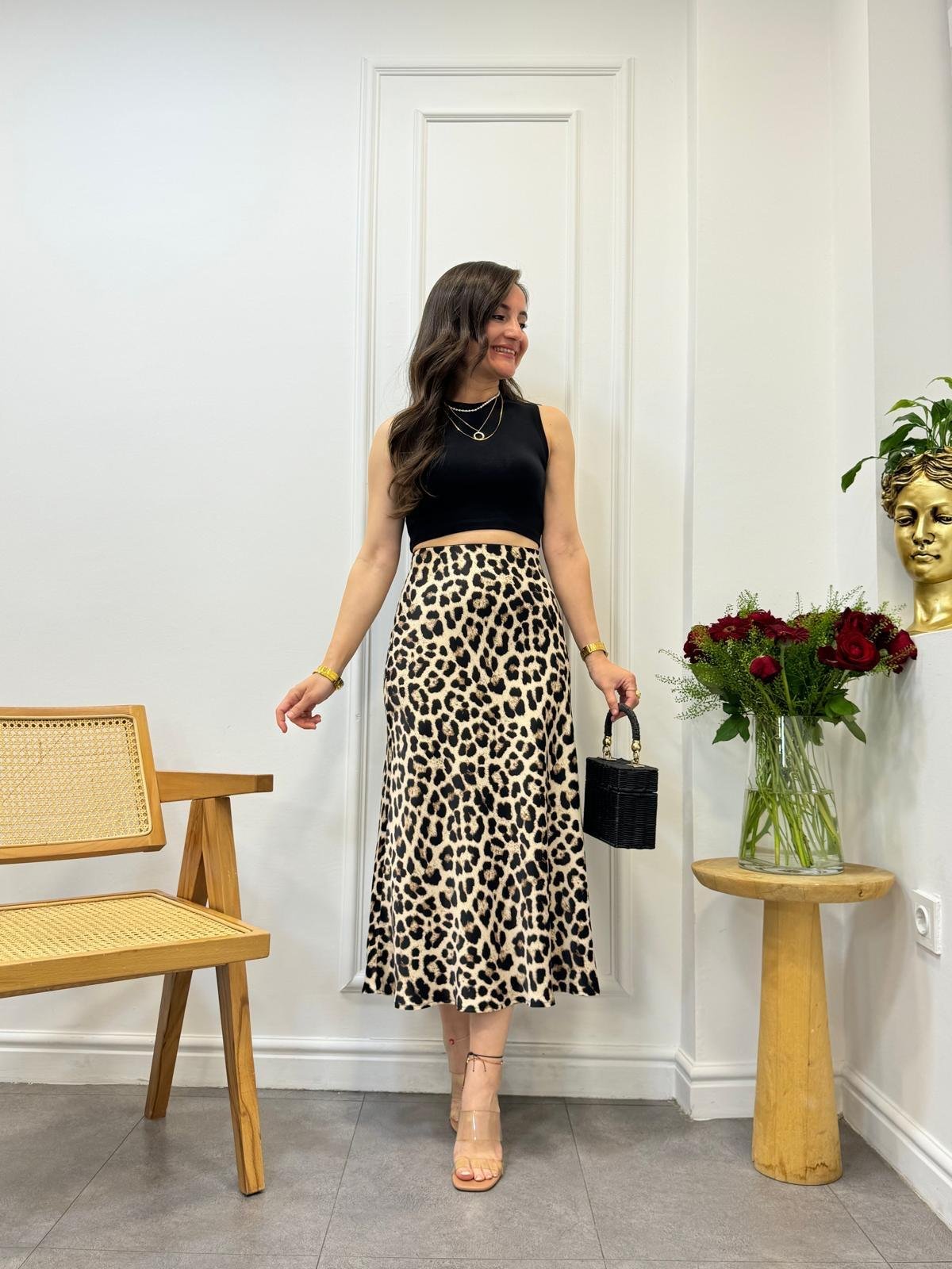 Bej Siyah Leopar Saten Etek 6306