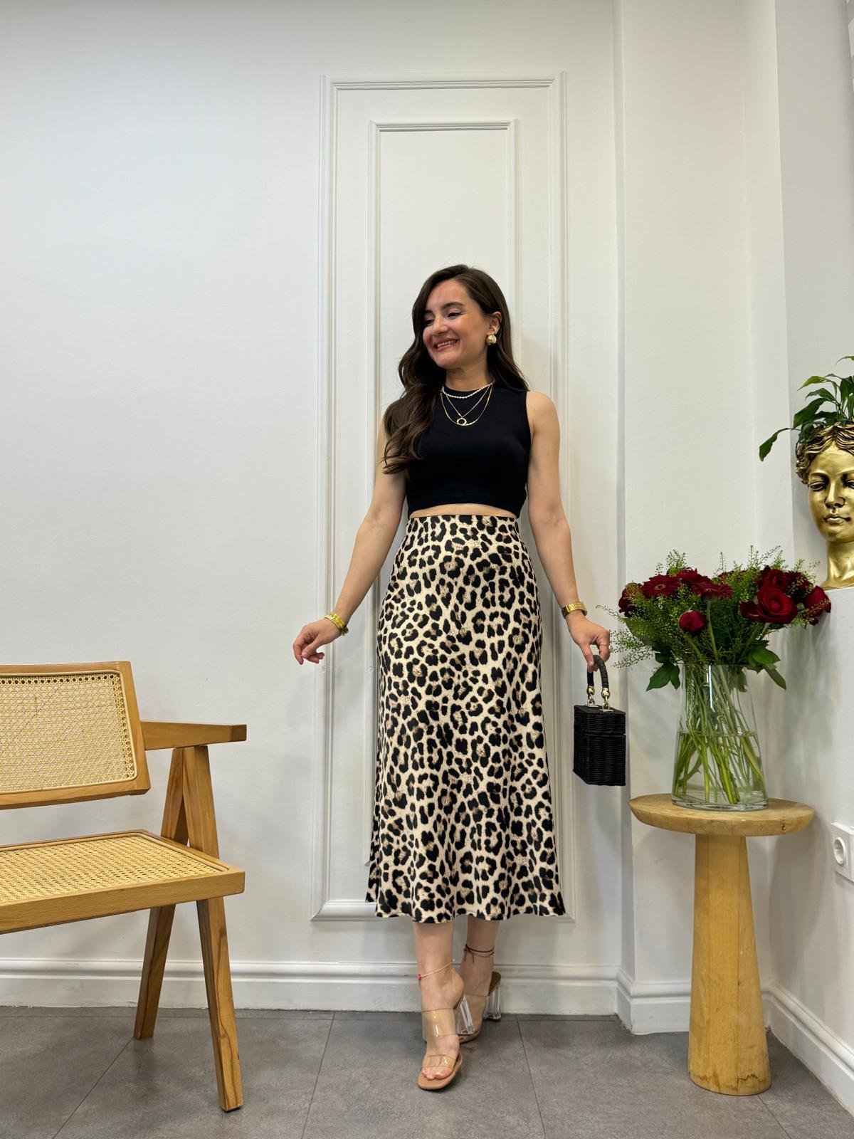 Bej Siyah Leopar Saten Etek 6306