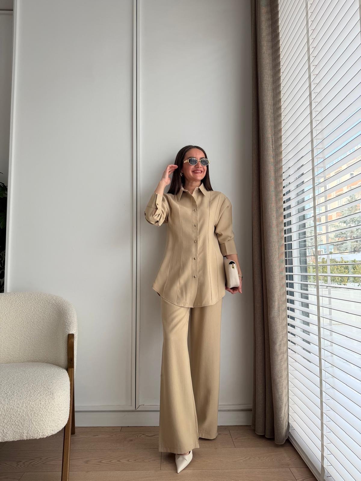 Bej Slimfit Gömlek Pantolon Takım 8872