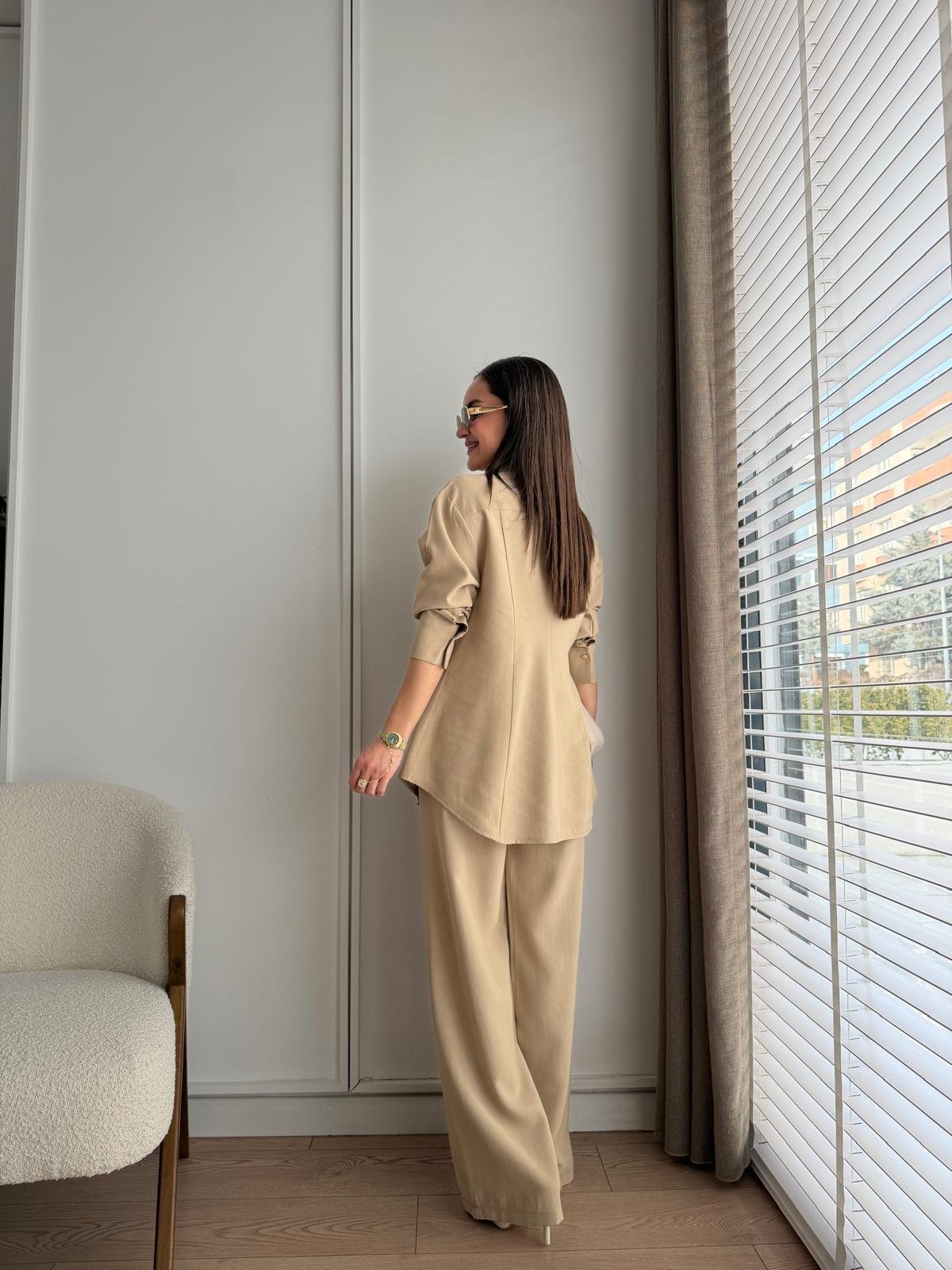 Bej Slimfit Gömlek Pantolon Takım 8872