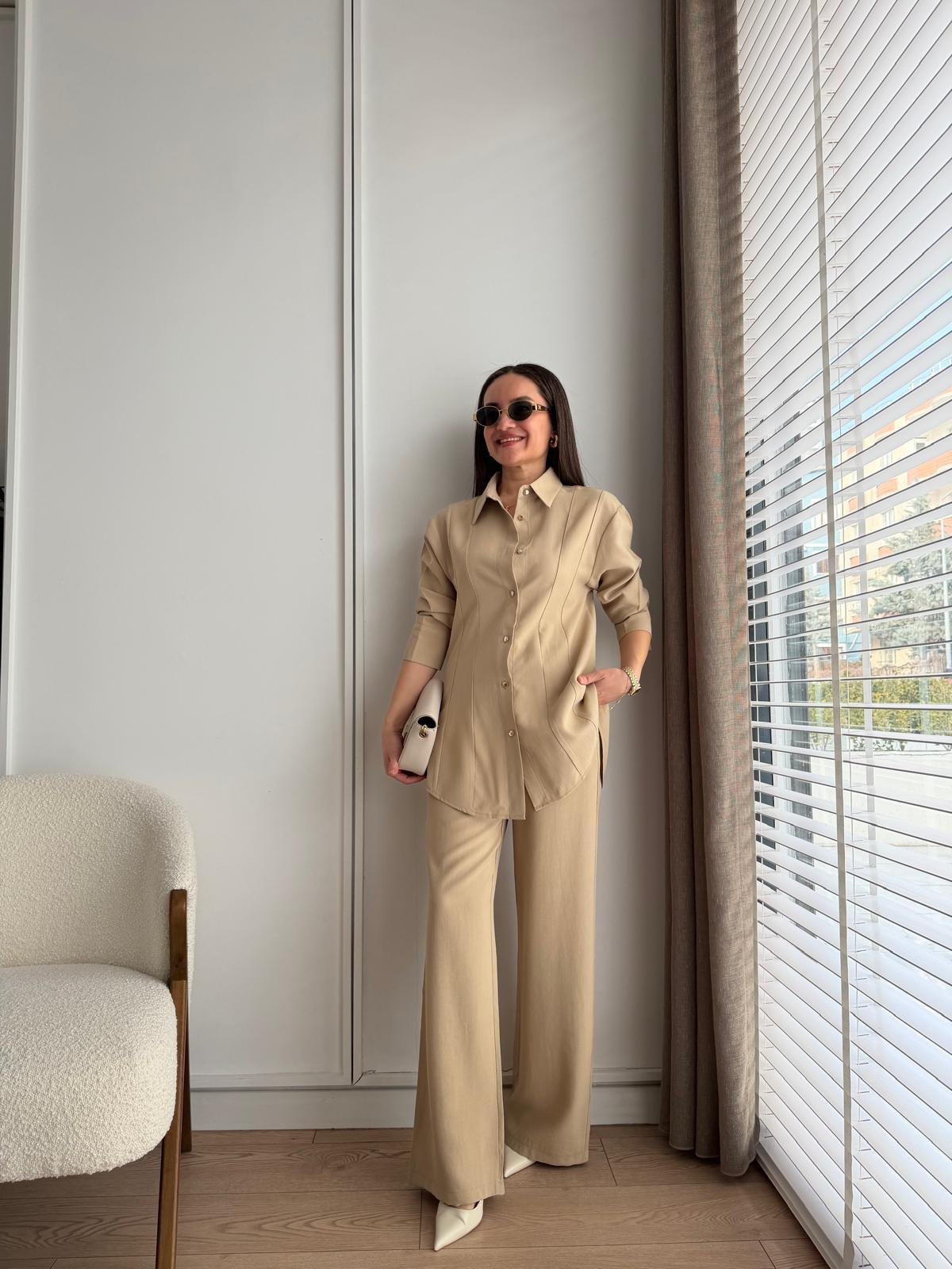 Bej Slimfit Gömlek Pantolon Takım 8872