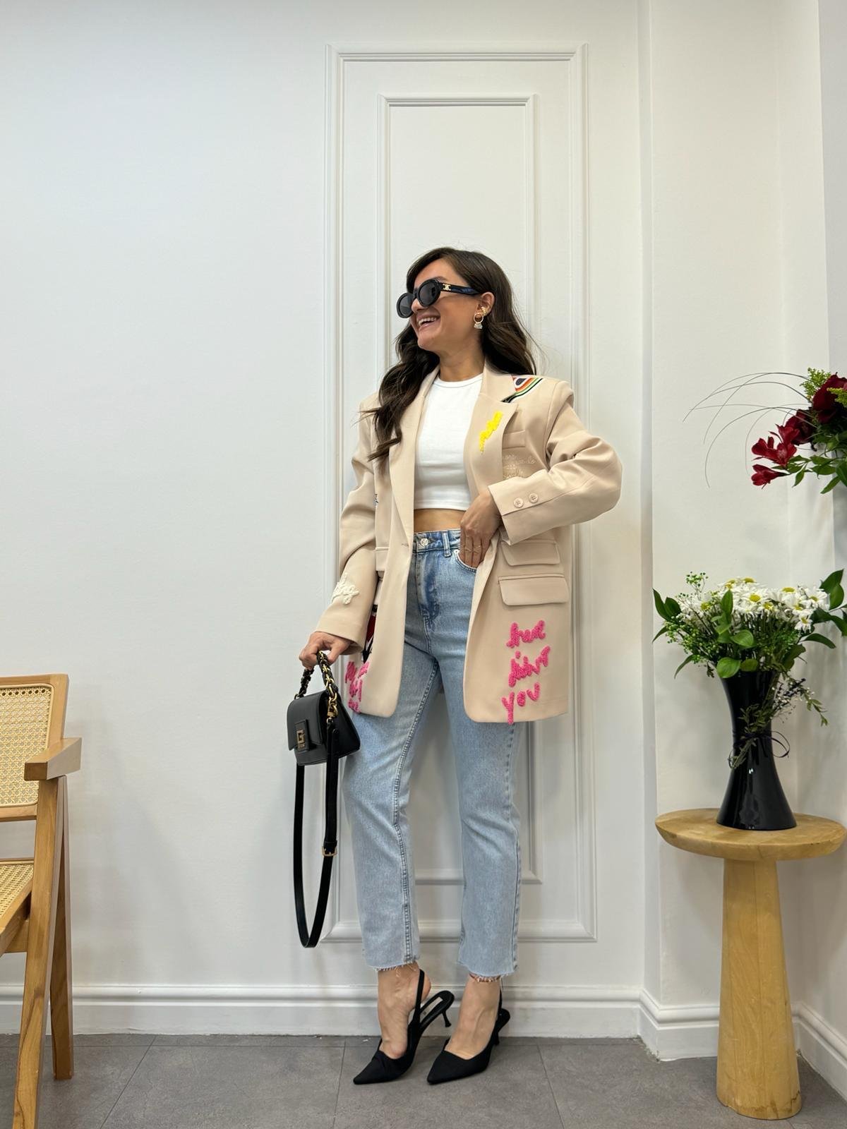 Bej Tasarım Nakış Detaylı Blazer Ceket 1401