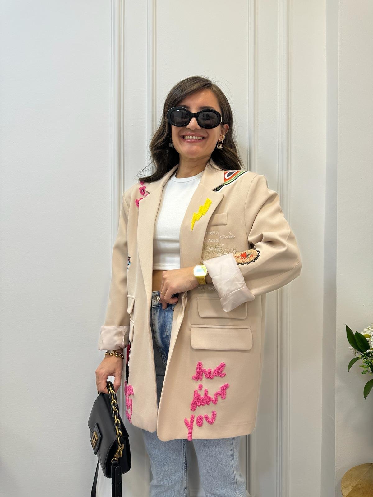 Bej Tasarım Nakış Detaylı Blazer Ceket 1401