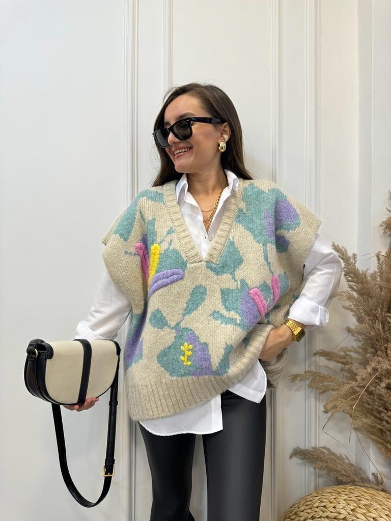 Bej Turkuaz Desenli Süveter Gömlek Takım 93733