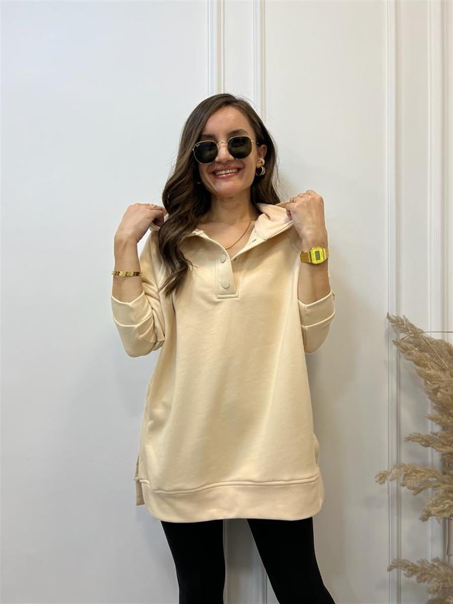 Bej Yandan Yırtmaçlı Çıtçıtlı Kapüşonlu Sweatshirt 5048