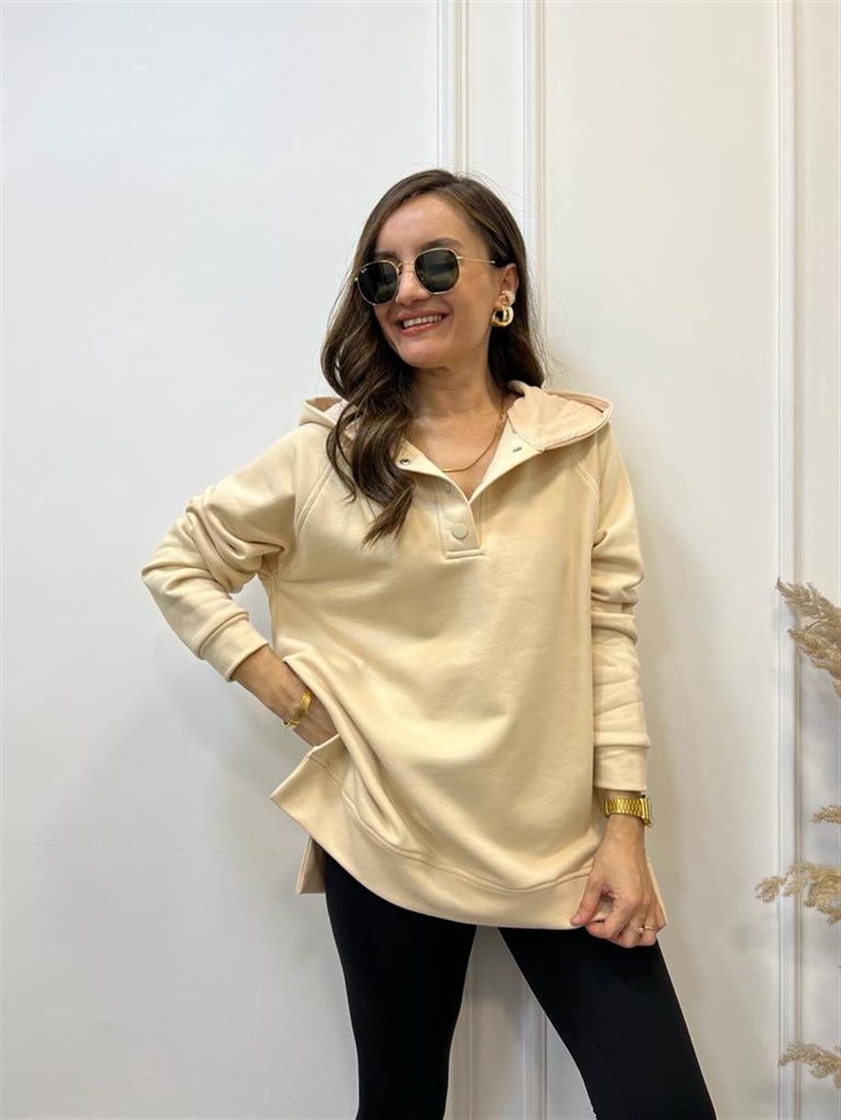 Bej Yandan Yırtmaçlı Çıtçıtlı Kapüşonlu Sweatshirt 5048