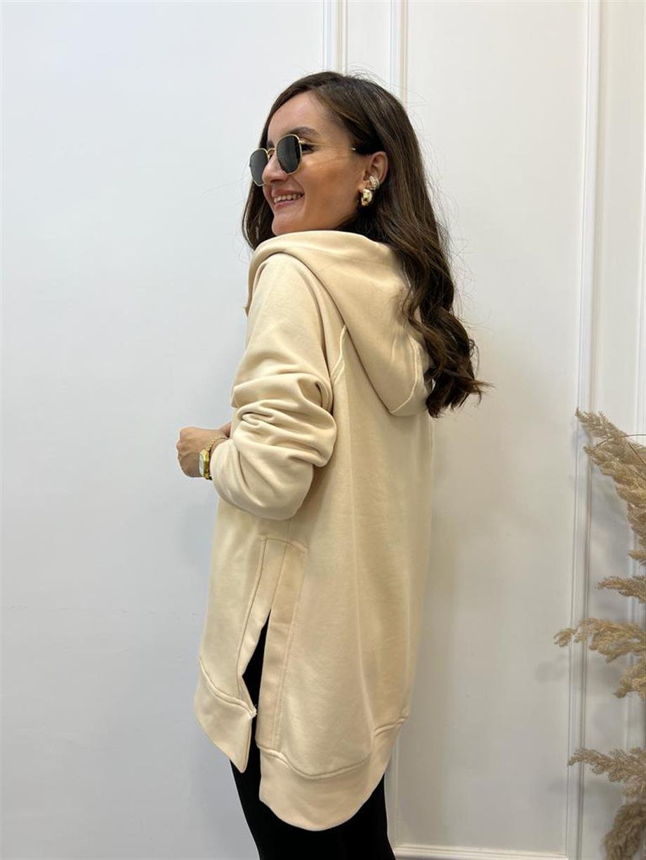 Bej Yandan Yırtmaçlı Çıtçıtlı Kapüşonlu Sweatshirt 5048