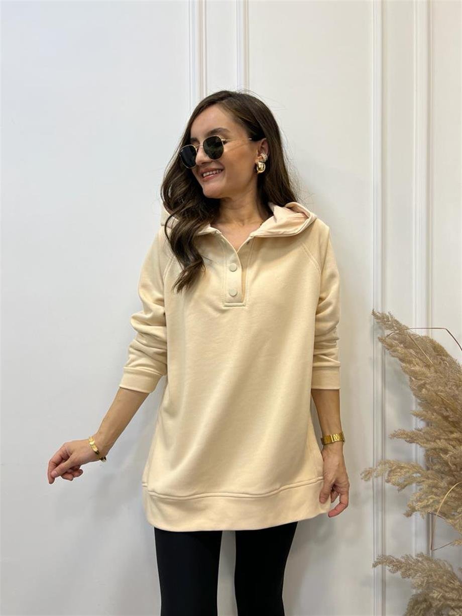 Bej Yandan Yırtmaçlı Çıtçıtlı Kapüşonlu Sweatshirt 5048