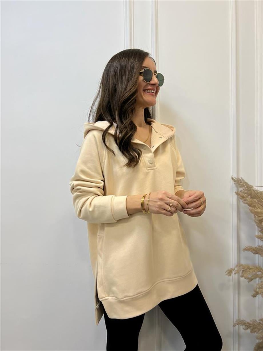 Bej Yandan Yırtmaçlı Çıtçıtlı Kapüşonlu Sweatshirt 5048